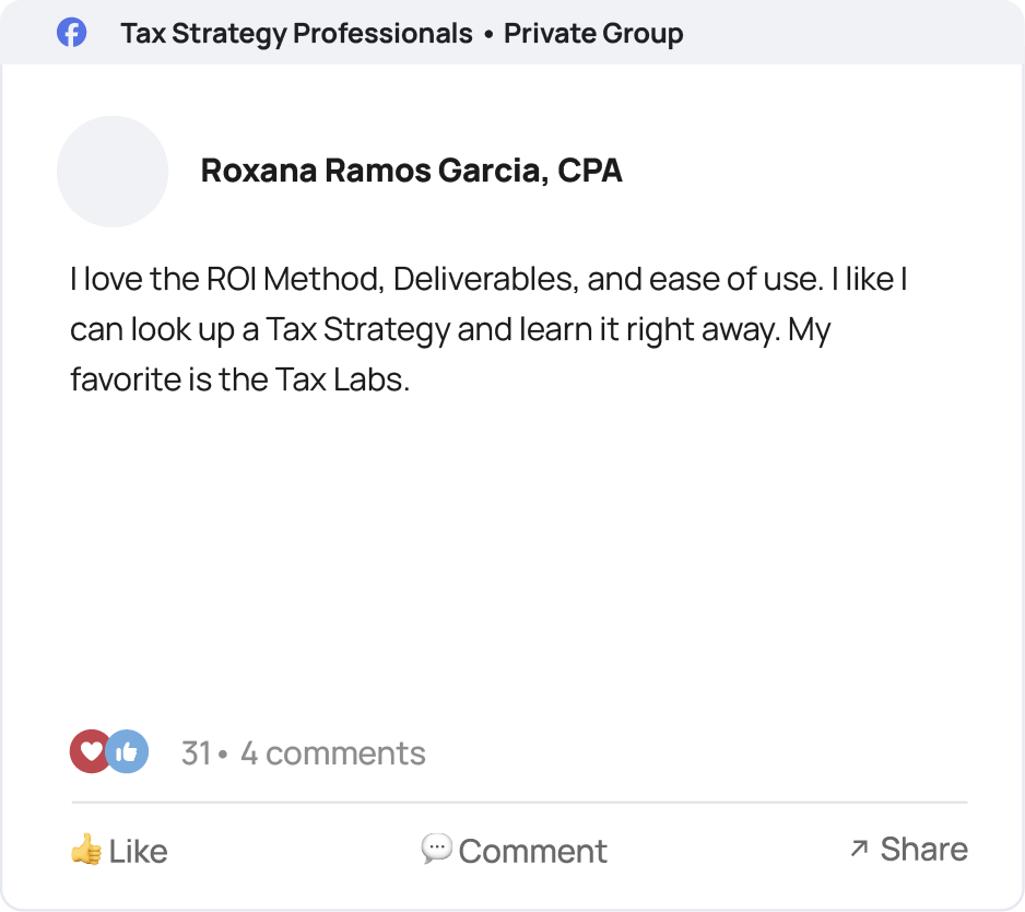 Facebook group post by Roxana Ramos Garcia, CPA, praising TaxPlanIQ for helping her present ROI analysis professionally to prospective clients and recommending it to tax planning professionals.