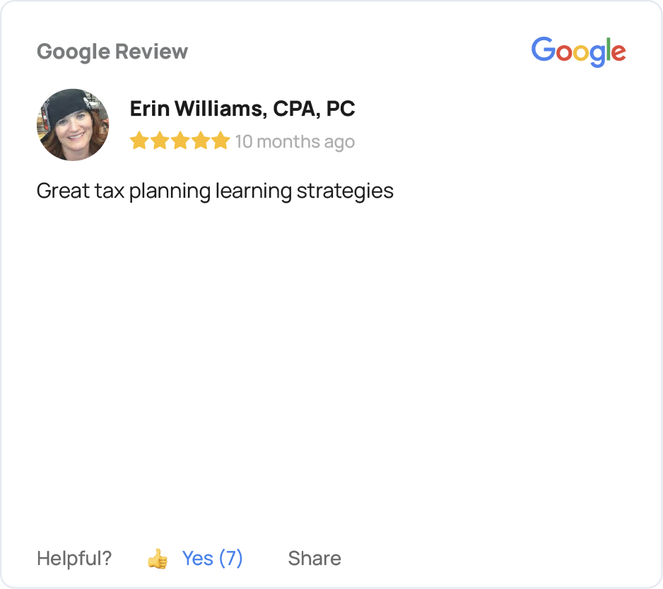 Five-star Google review from Erin Williams, CPA, PC, praising TaxPlanIQ’s tax planning strategies.