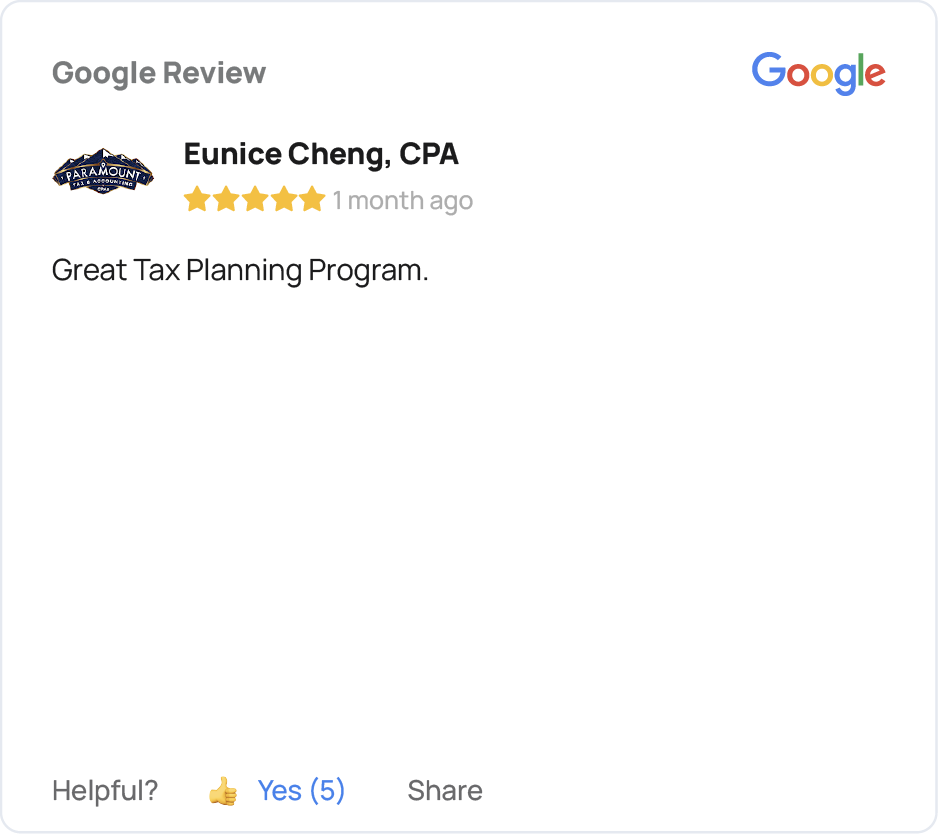 Five-star Google review from Eunice Cheng, CPA, praising the TaxPlanIQ training program.