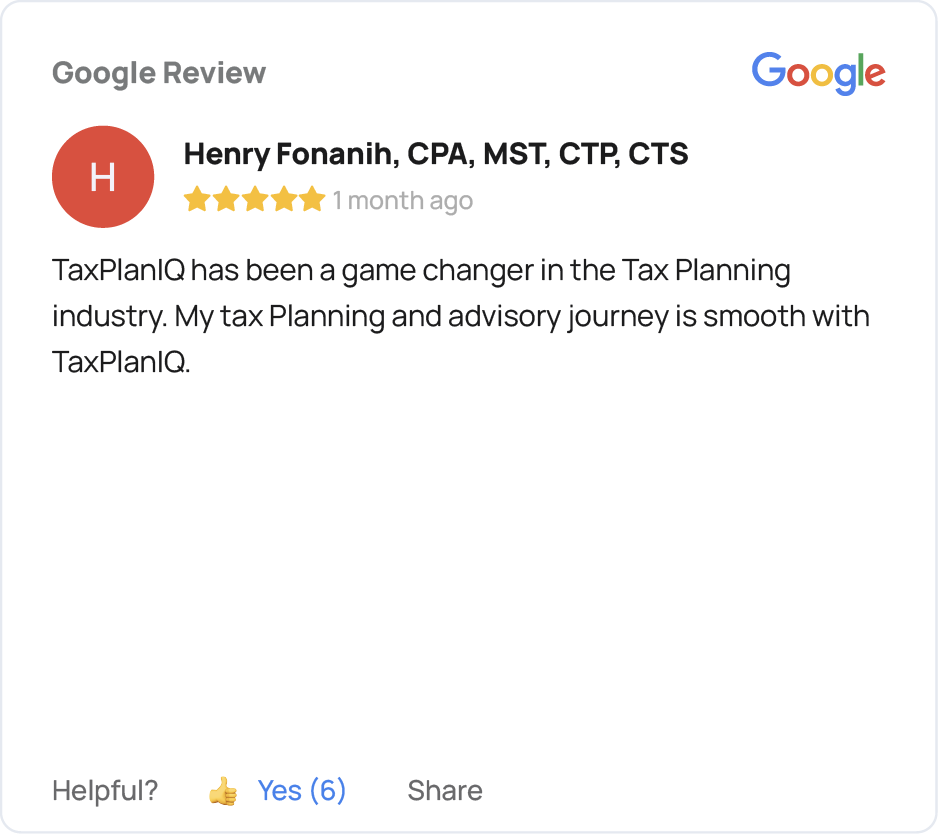 Five-star Google review from Henry Fonanih, CPA, MST, CTP, CTS, calling TaxPlanIQ a game changer for tax planning and advisory services.