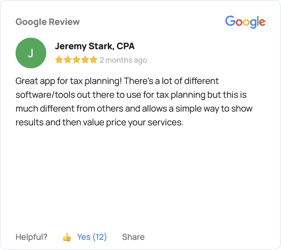 Five-star Google review from Jeremy Stark, CPA, praising TaxPlanIQ’s planning tools and the ability to show clients the value of services.