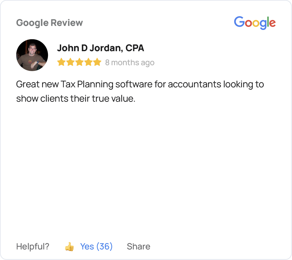 Five-star Google review from John D. Jordan, CPA, recommending TaxPlanIQ to accountants seeking new tax planning software.