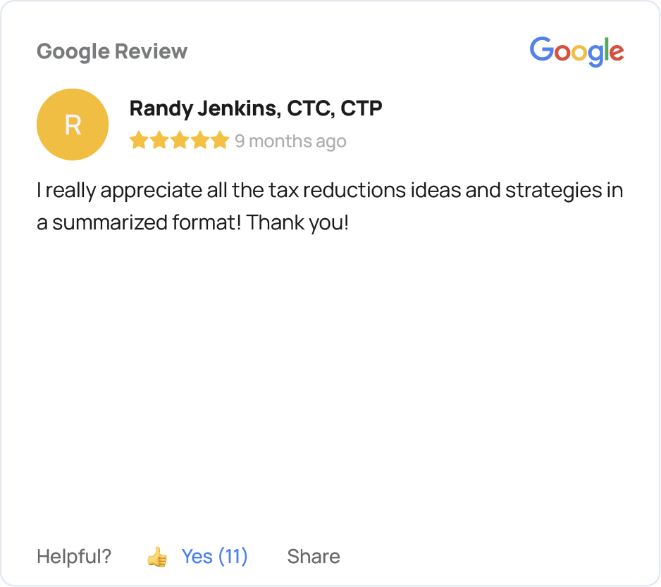 Five-star Google review from Randy Jenkins, CTC, CTP, thanking TaxPlanIQ for tax reduction ideas and strategies presented in a summarized format.
