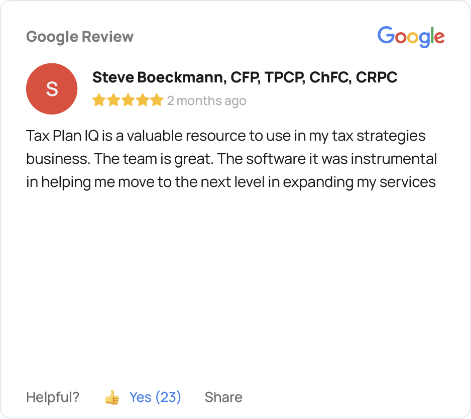 Five-star Google review from Steve Boeckmann, CFP, TPCP, ChFC, CRPC, describing TaxPlanIQ as a valuable resource for tax strategies, client conversations, and expanding services.